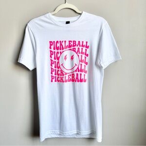 Pickleball‎ T-shirt Women's Small White Hot Pink Smiley Face Athletic Sporty Fun